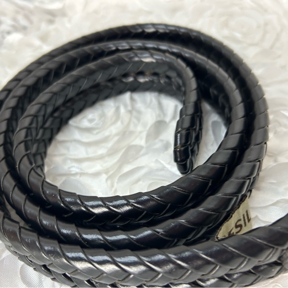Fossil Black‎ Leather Basket Weave Belt Silvertone Metal Buckle - Picture 4 of 13